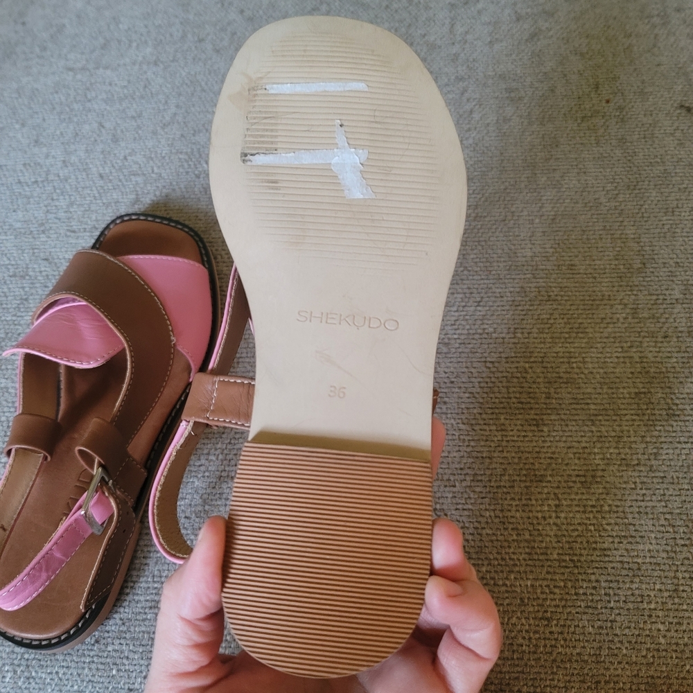 NEW Shekudo Cove Sandals Pink Tan Brown Leather Open Toe Sandals Back Strap - Picture 7 of 8